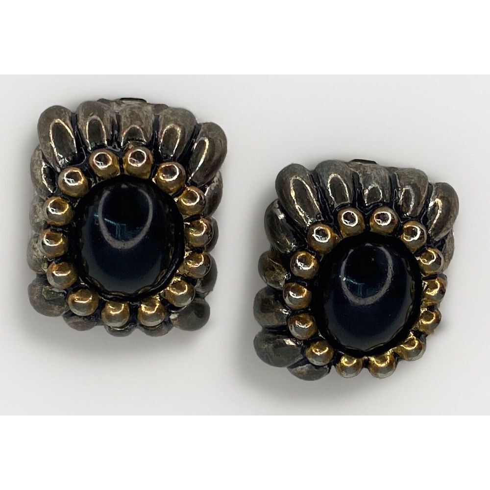 Vintage Big Chunky Gold Tone Faux Onyx Earrings Clip On Made In USA‎ 1"